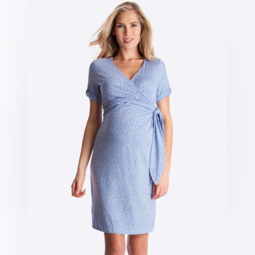 Seraphine Maternity baby blue polka dot dress